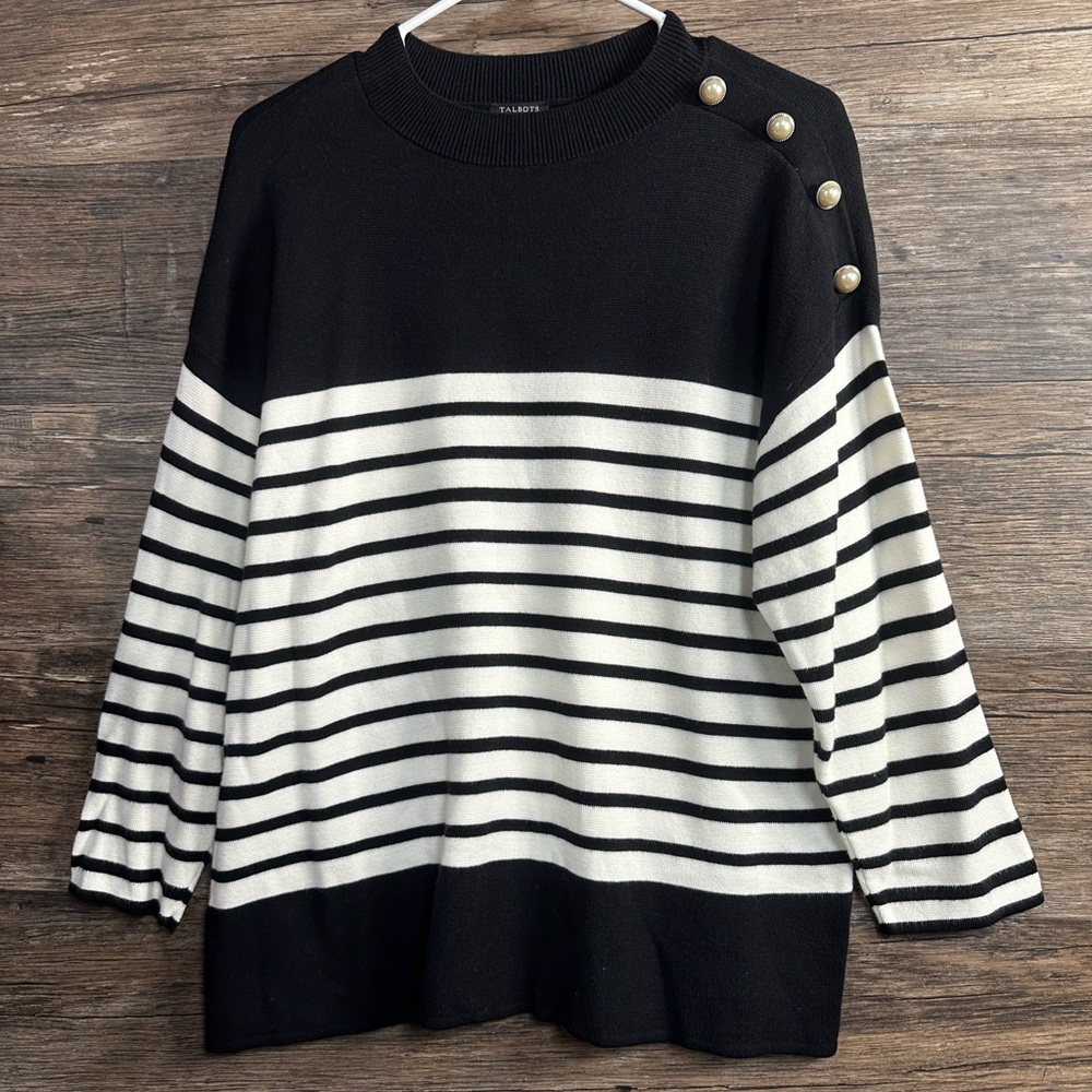 Talbots Black and White Striped Sweater with Gold Button Detail